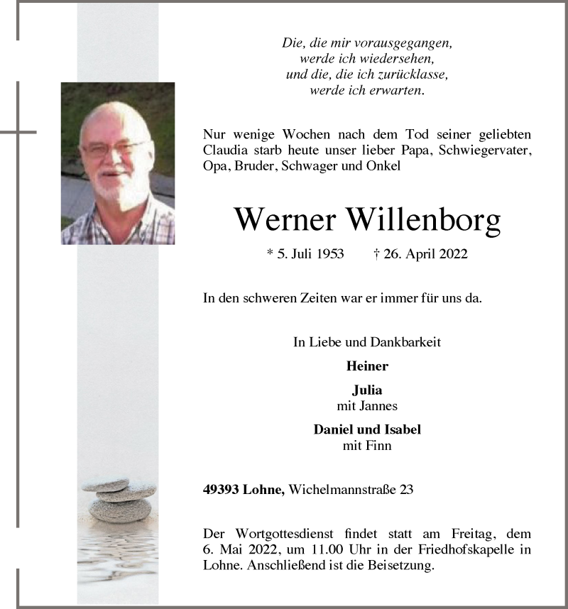  Traueranzeige für Werner Willenborg vom 30.04.2022 aus OM-Medien