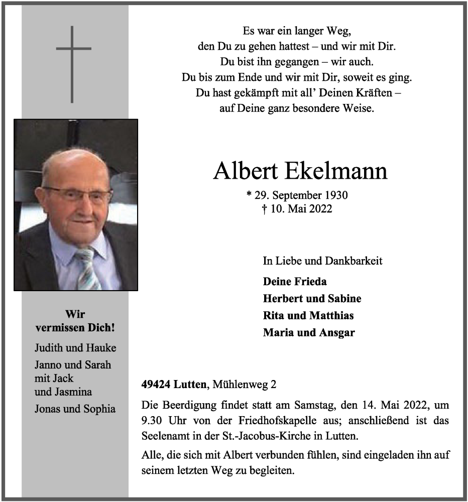  Traueranzeige für Albert Ekelmann vom 11.05.2022 aus OM-Medien