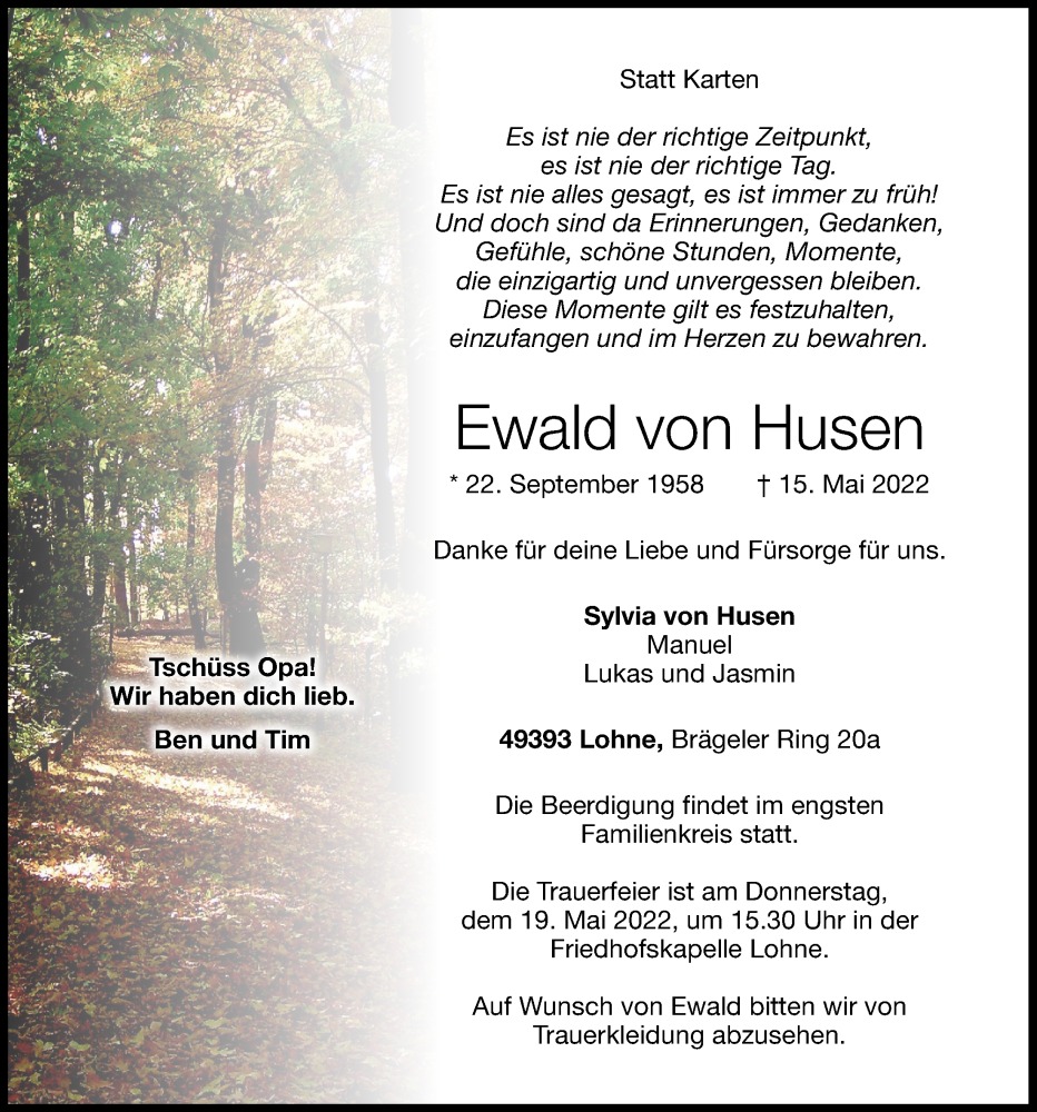  Traueranzeige für Ewald von Husen vom 17.05.2022 aus OM-Medien