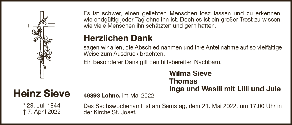  Traueranzeige für Heinz Sieve vom 19.05.2022 aus OM-Medien