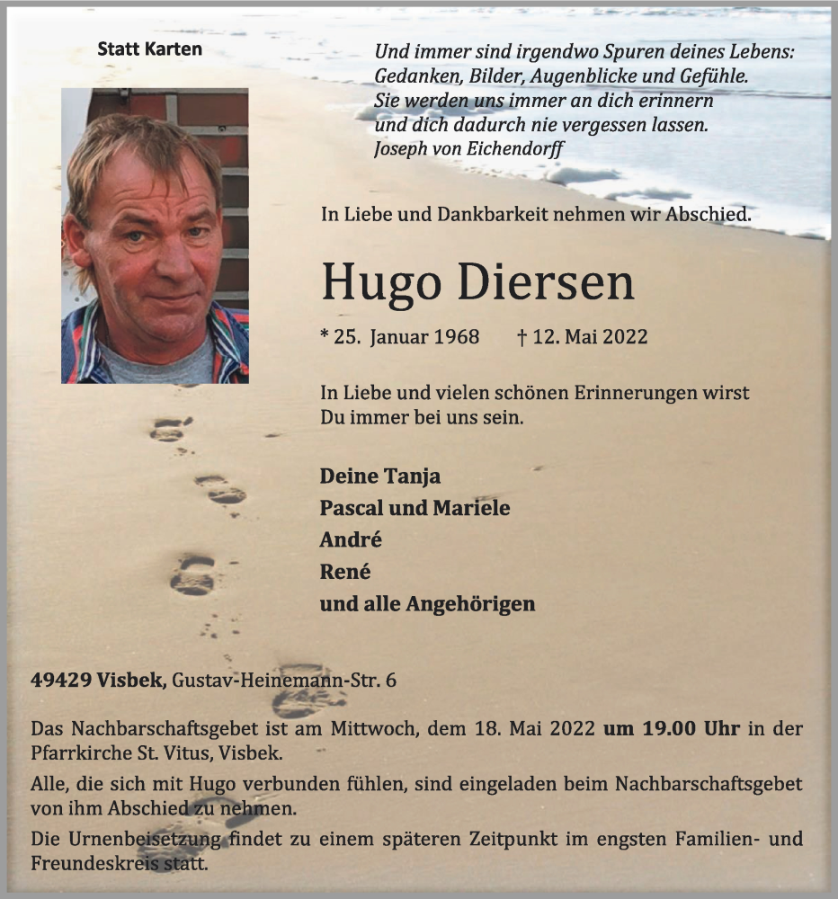  Traueranzeige für Hugo Diersen vom 16.05.2022 aus OM-Medien