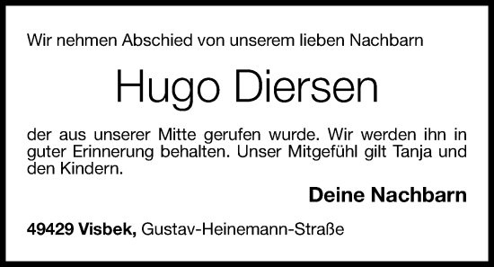 Anzeige von Hugo Diersen von OM-Medien