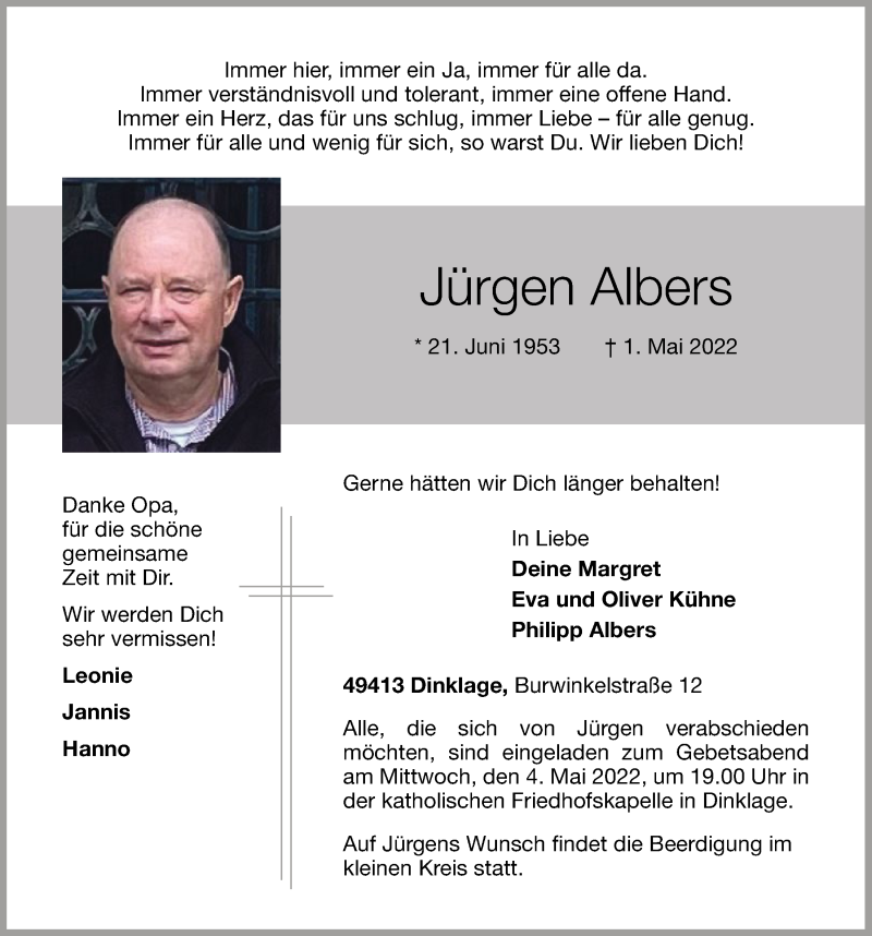  Traueranzeige für Jürgen Albers vom 03.05.2022 aus OM-Medien