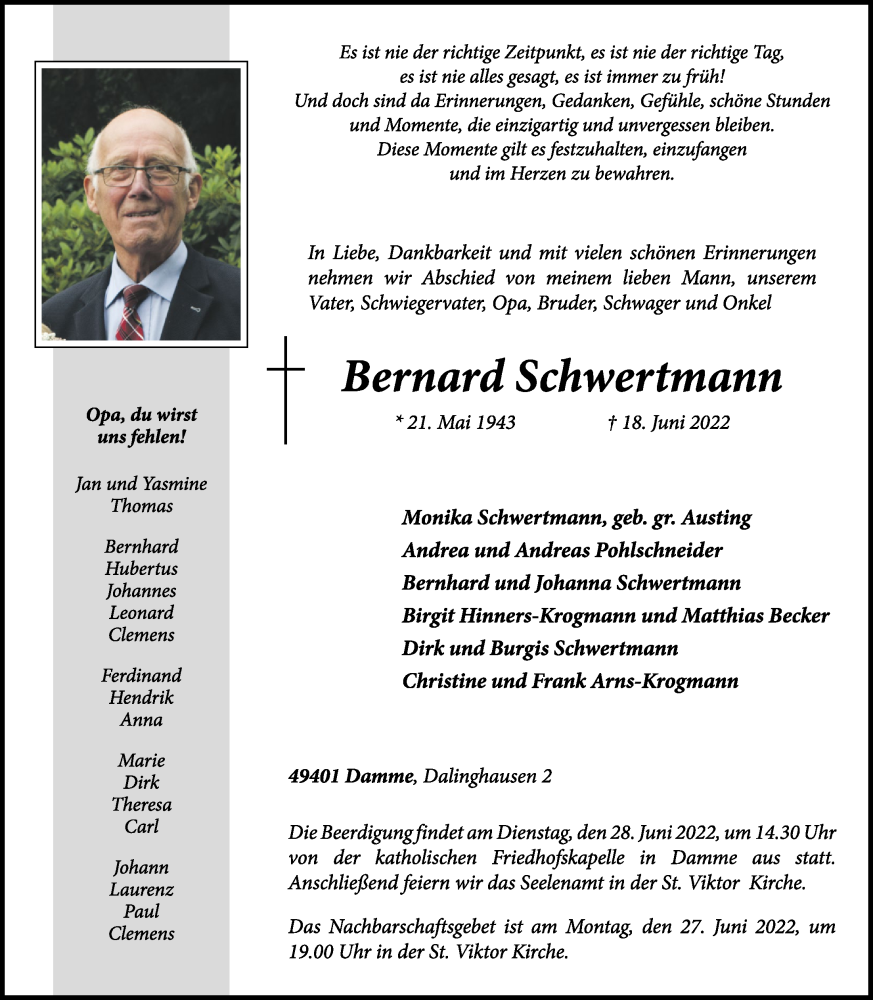  Traueranzeige für Bernard Schwertmann vom 21.06.2022 aus OM-Medien