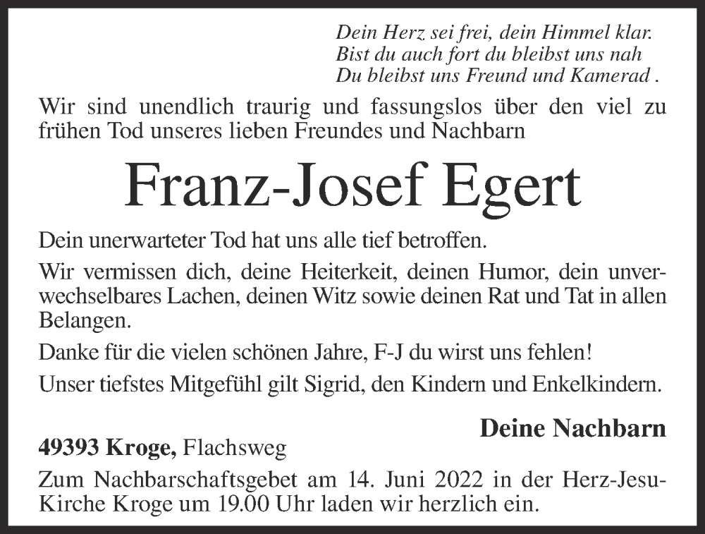  Traueranzeige für Franz-Josef Egert vom 13.06.2022 aus OM-Medien