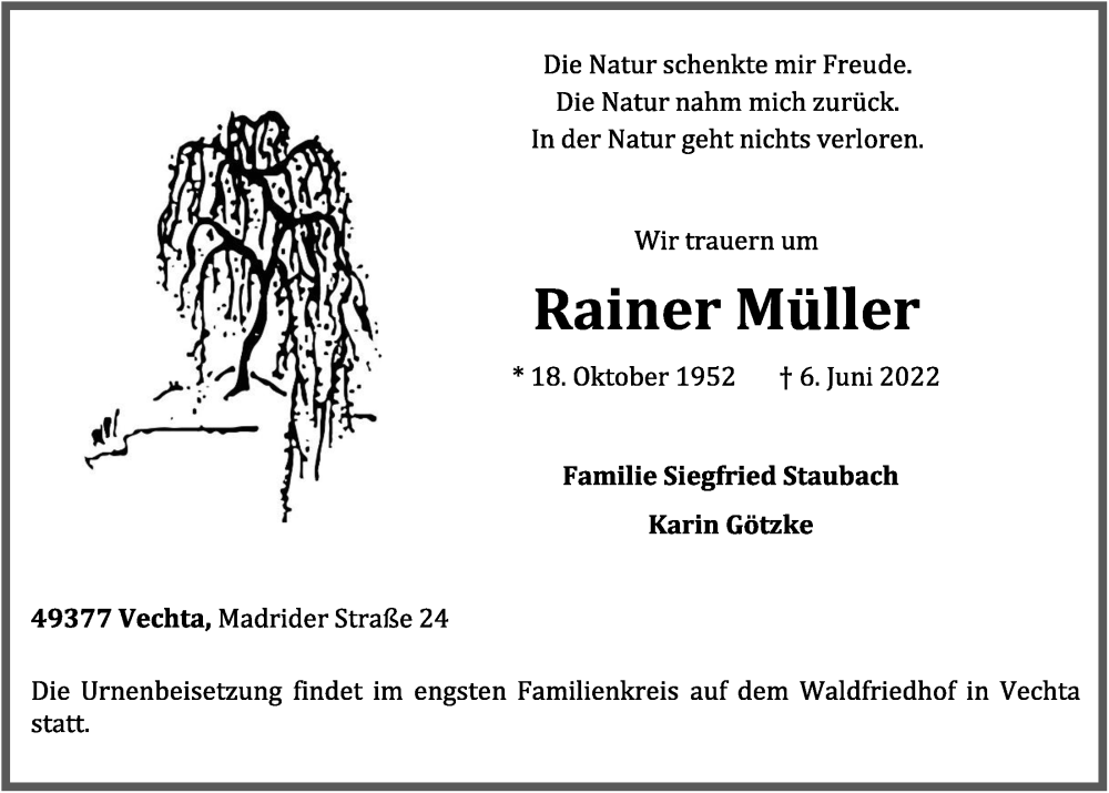  Traueranzeige für Rainer Müller vom 15.06.2022 aus OM-Medien