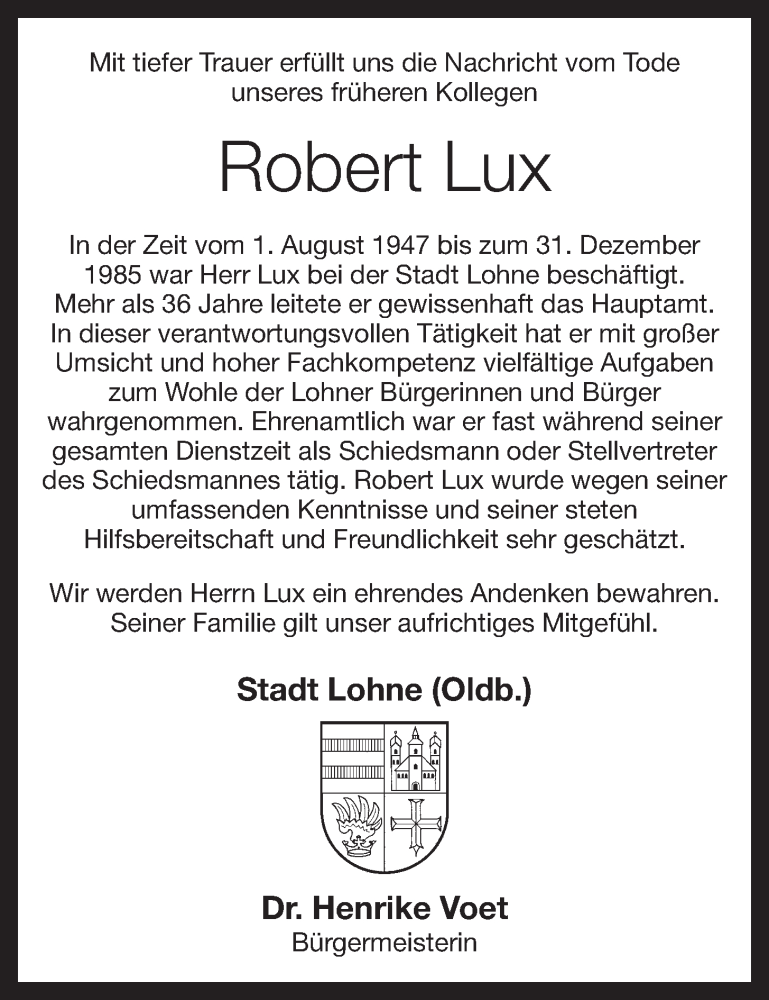  Traueranzeige für Robert Lux vom 17.06.2022 aus OM-Medien