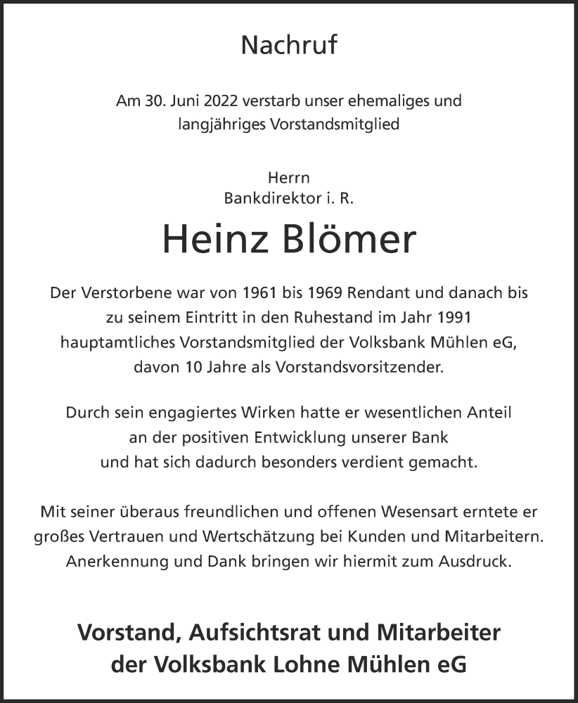  Traueranzeige für Heinz Blömer vom 04.07.2022 aus OM-Medien