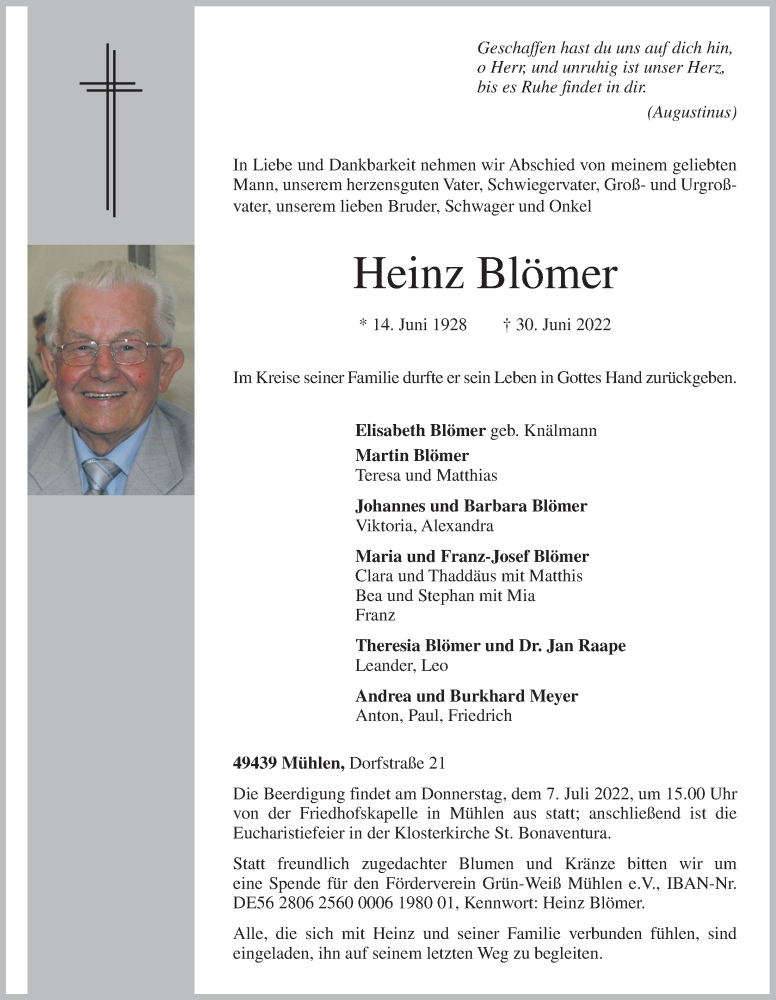  Traueranzeige für Heinz Blömer vom 02.07.2022 aus OM-Medien