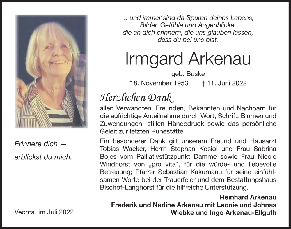  Traueranzeige für Irmgard Arkenau vom 16.07.2022 aus OM-Medien