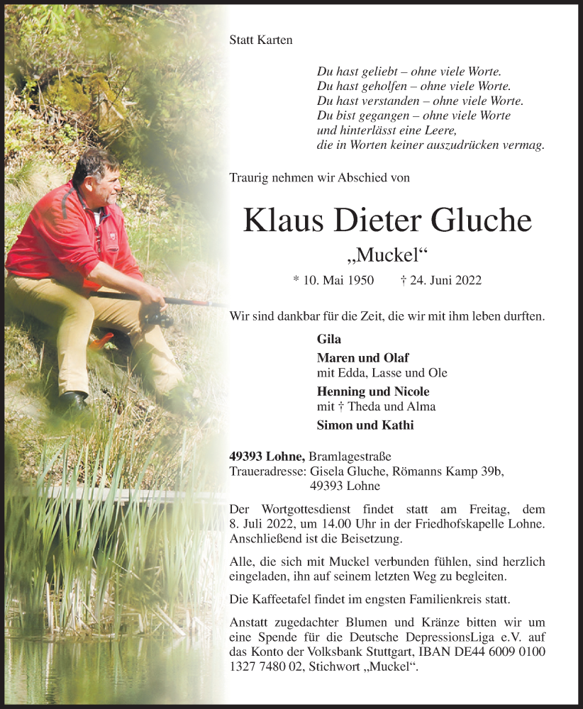  Traueranzeige für Klaus Dieter Gluche vom 02.07.2022 aus OM-Medien