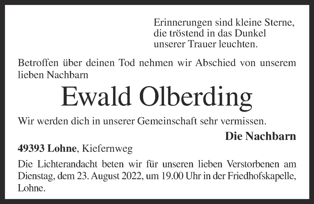  Traueranzeige für Ewald Olberding vom 22.08.2022 aus OM-Medien