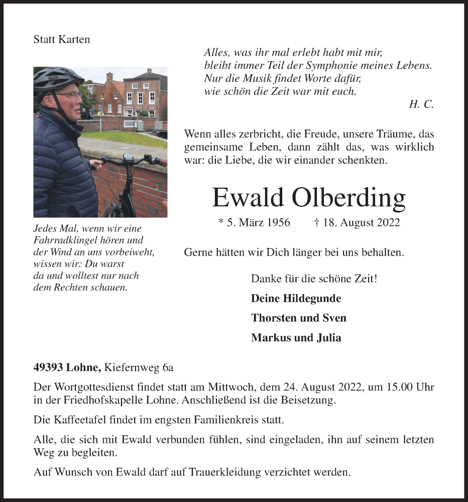  Traueranzeige für Ewald Olberding vom 20.08.2022 aus OM-Medien
