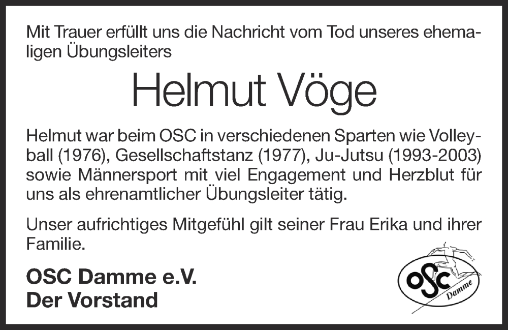  Traueranzeige für Helmut Vöge vom 03.08.2022 aus OM-Medien