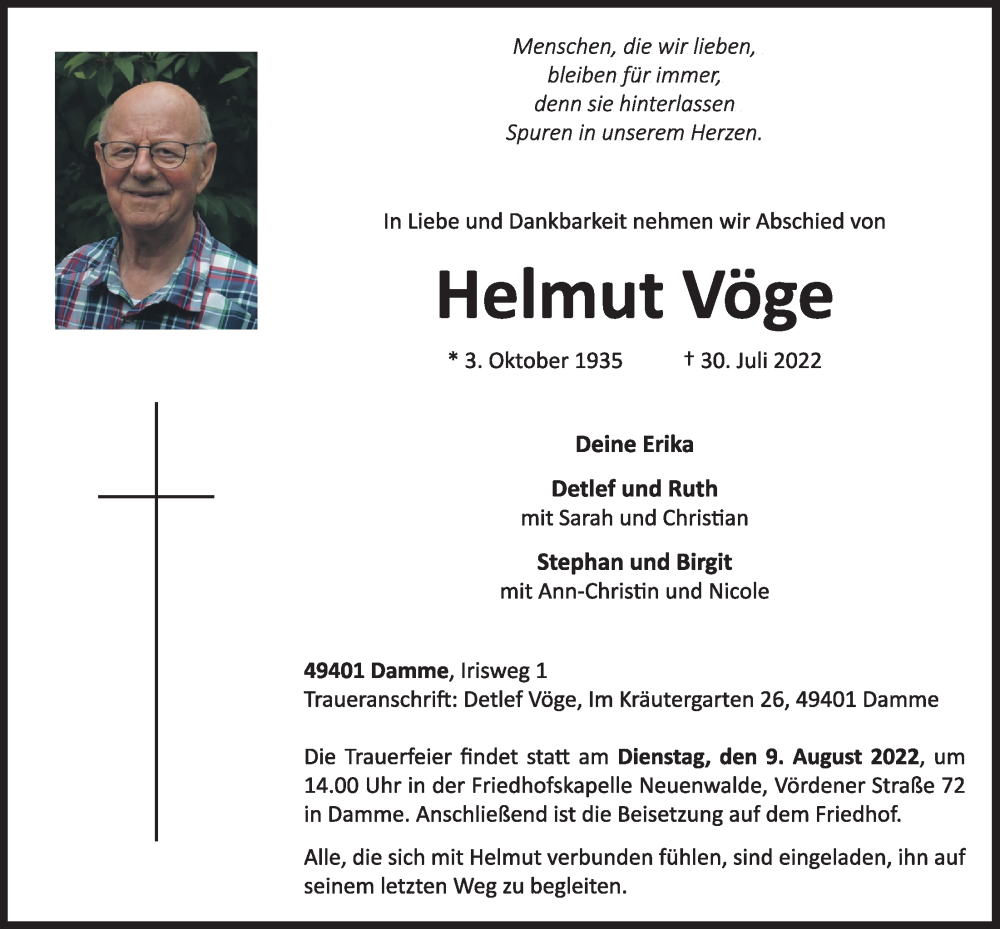  Traueranzeige für Helmut Vöge vom 02.08.2022 aus OM-Medien
