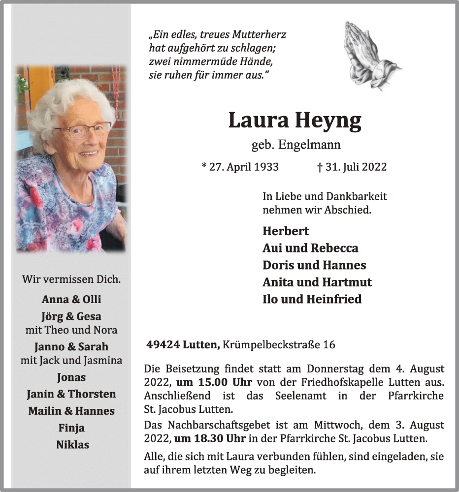  Traueranzeige für Laura Heyng vom 02.08.2022 aus OM-Medien