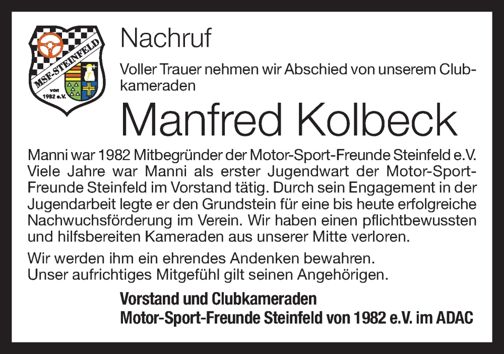  Traueranzeige für Manfred Kolbeck vom 08.08.2022 aus OM-Medien