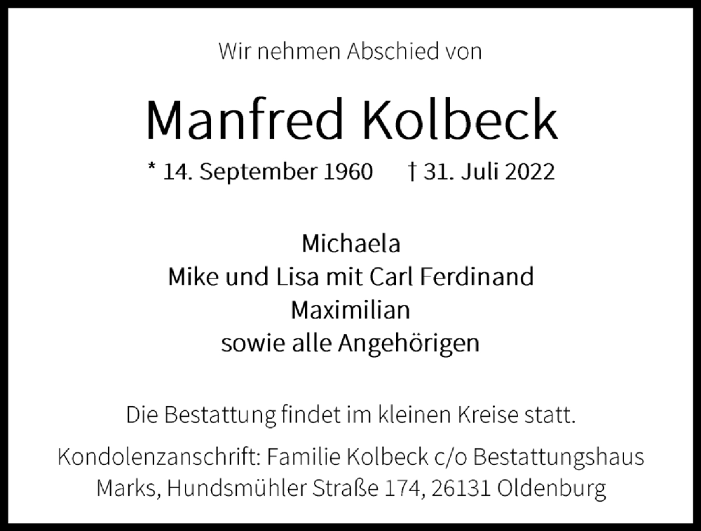  Traueranzeige für Manfred Kolbeck vom 06.08.2022 aus OM-Medien
