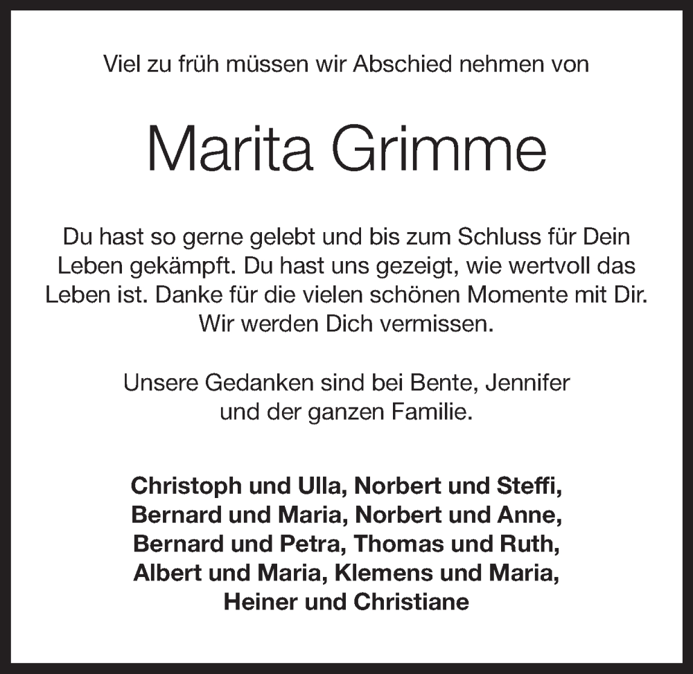  Traueranzeige für Marita Grimme vom 16.08.2022 aus OM-Medien