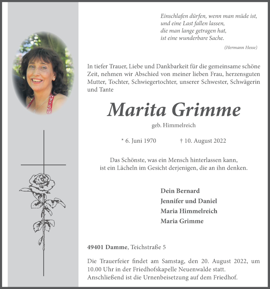 Traueranzeige für Marita Grimme vom 13.08.2022 aus OM-Medien