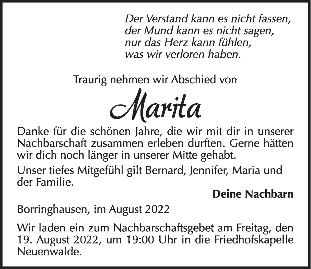  Traueranzeige für Marita Grimme vom 15.08.2022 aus OM-Medien