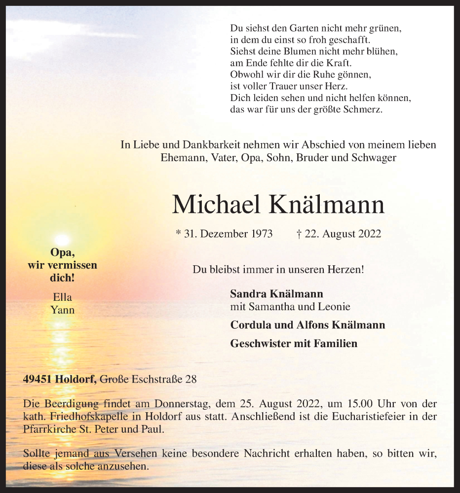 Traueranzeige für Michael Knälmann vom 23.08.2022 aus OM-Medien