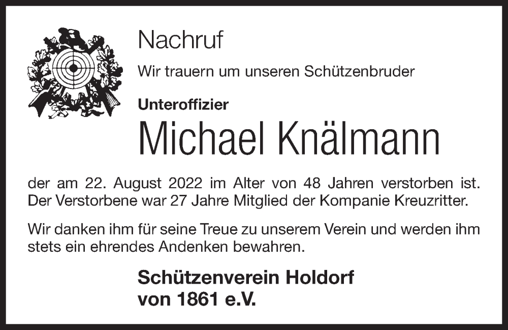  Traueranzeige für Michael Knälmann vom 25.08.2022 aus OM-Medien