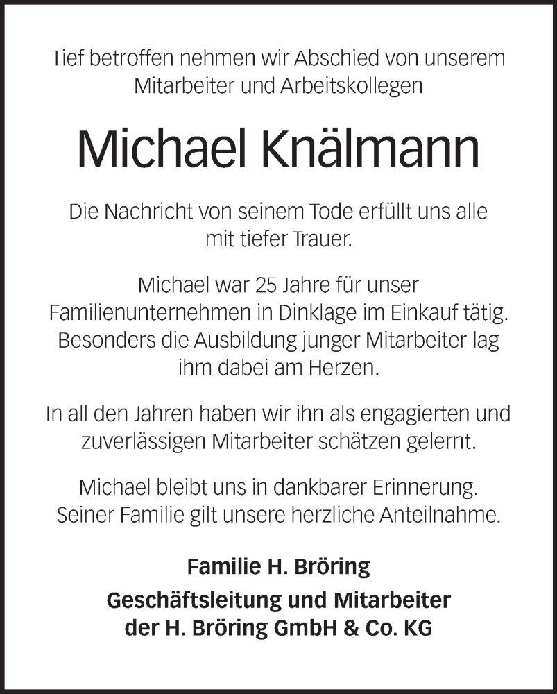  Traueranzeige für Michael Knälmann vom 25.08.2022 aus OM-Medien