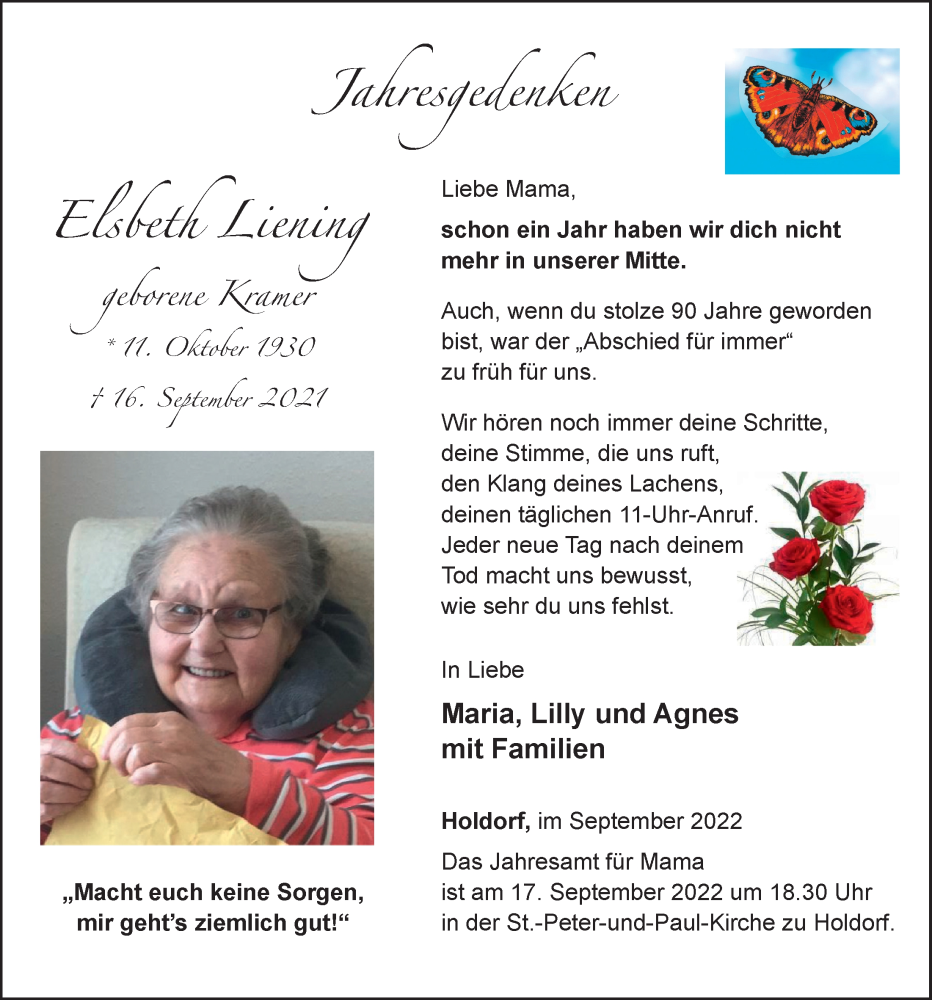  Traueranzeige für Elsbeth Liening vom 16.09.2022 aus OM-Medien