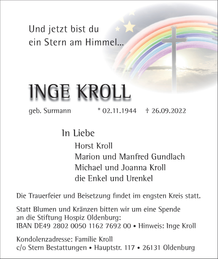  Traueranzeige für Inge Kroll vom 17.09.2022 aus OM-Medien