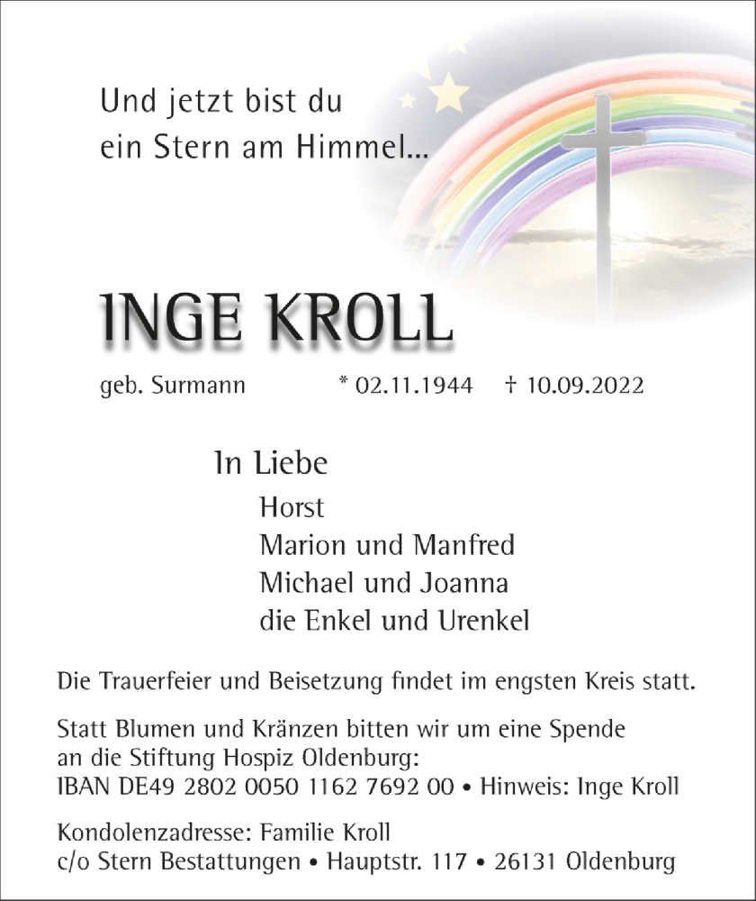  Traueranzeige für Inge Kroll vom 20.09.2022 aus OM-Medien