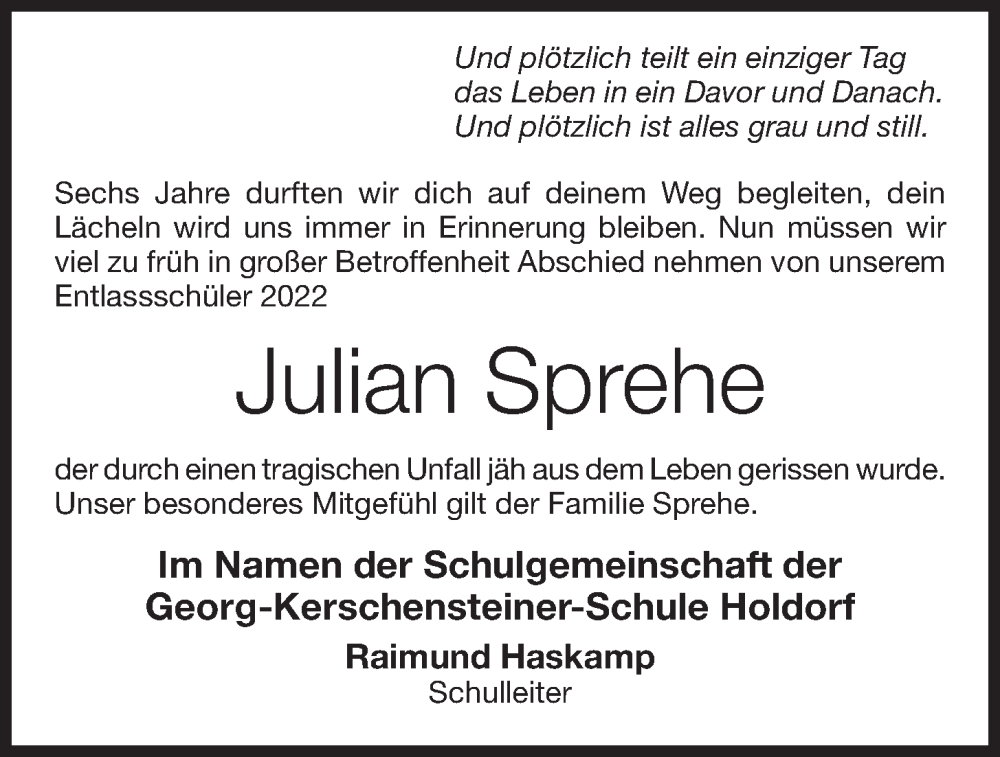  Traueranzeige für Julian Sprehe vom 03.09.2022 aus OM-Medien