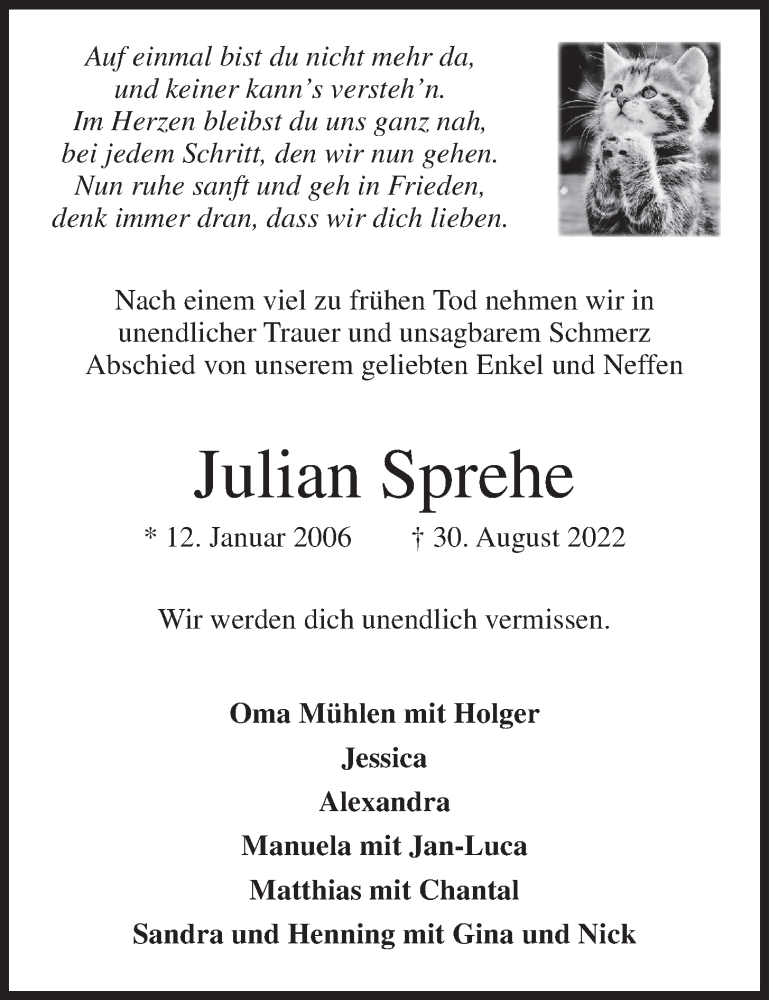  Traueranzeige für Julian Sprehe vom 03.09.2022 aus OM-Medien