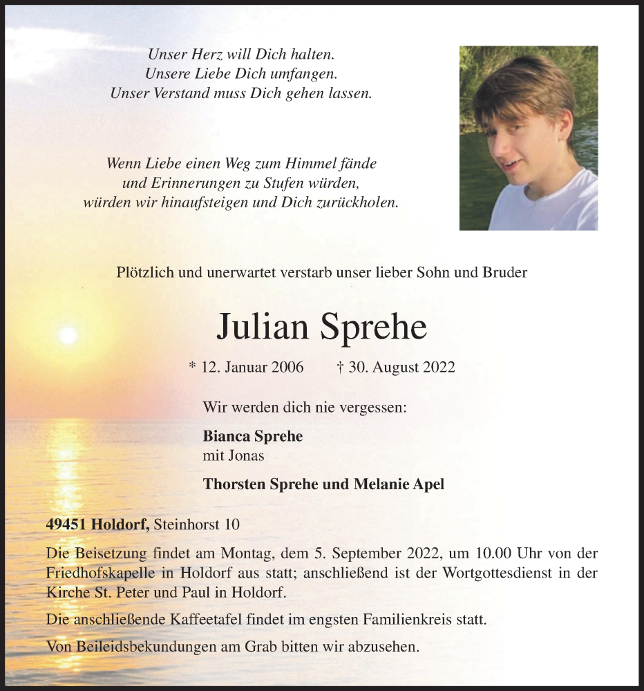  Traueranzeige für Julian Sprehe vom 02.09.2022 aus OM-Medien