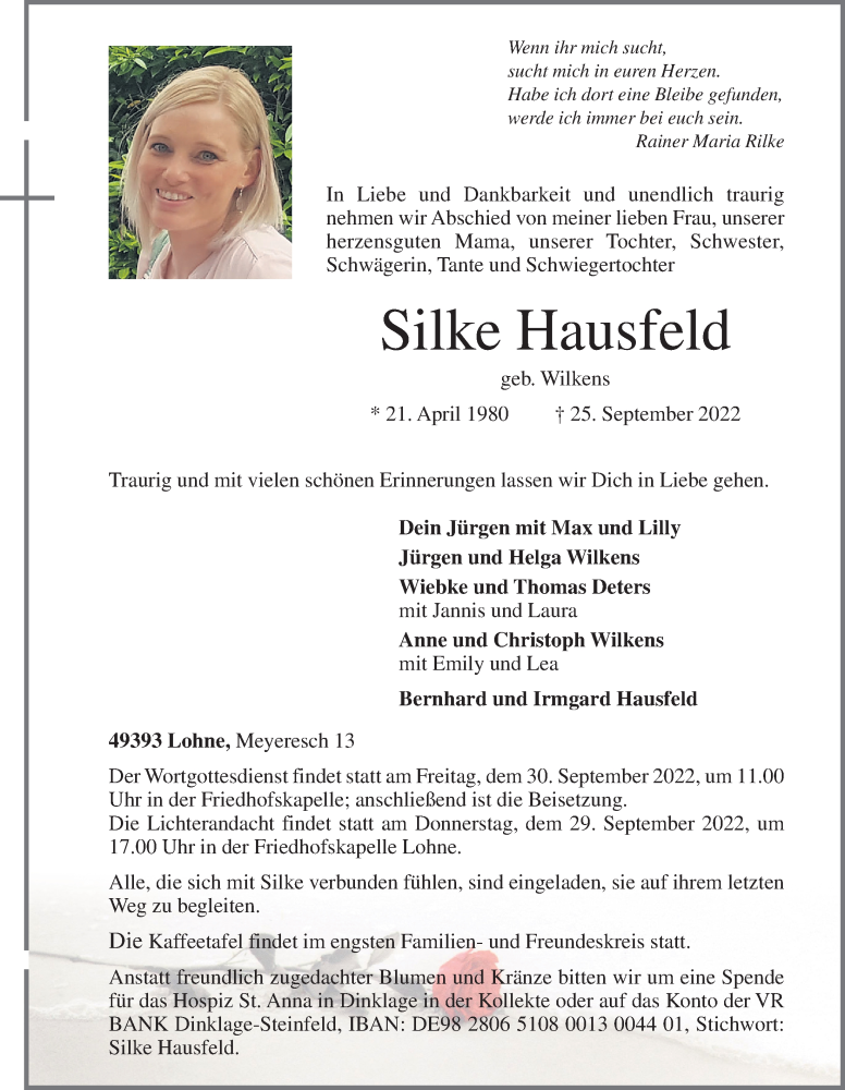  Traueranzeige für Silke Hausfeld vom 28.09.2022 aus OM-Medien