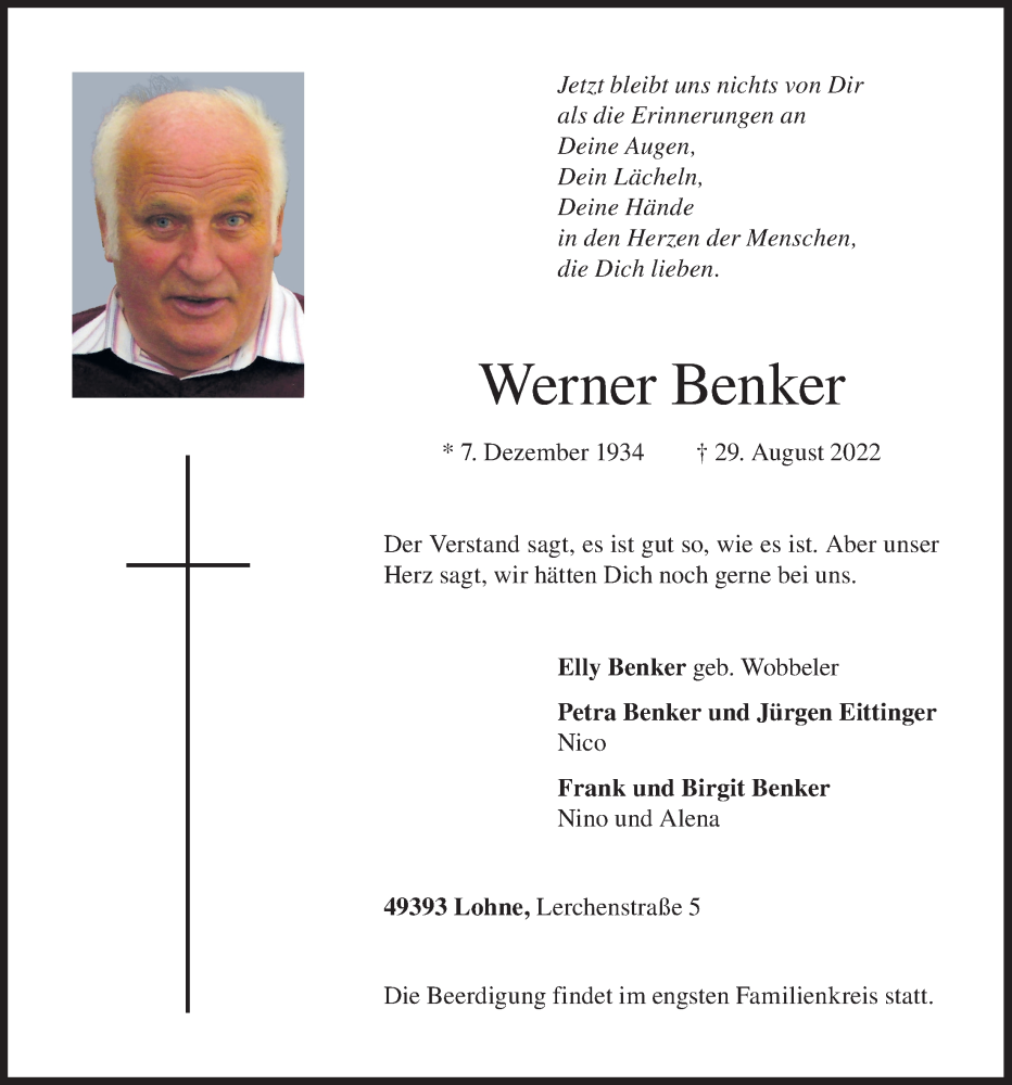  Traueranzeige für Werner Benker vom 01.09.2022 aus OM-Medien