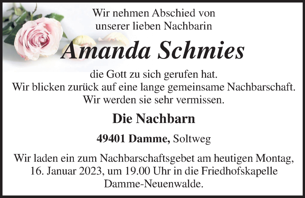  Traueranzeige für Amanda Schmies vom 16.01.2023 aus OM-Medien