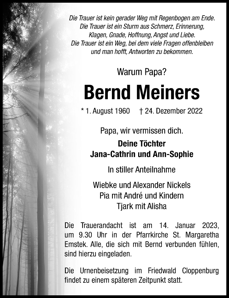  Traueranzeige für Bernd Meiners vom 11.01.2023 aus OM-Medien