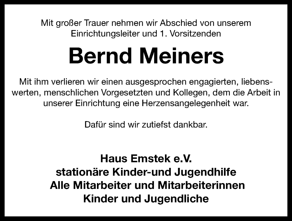  Traueranzeige für Bernd Meiners vom 14.01.2023 aus OM-Medien