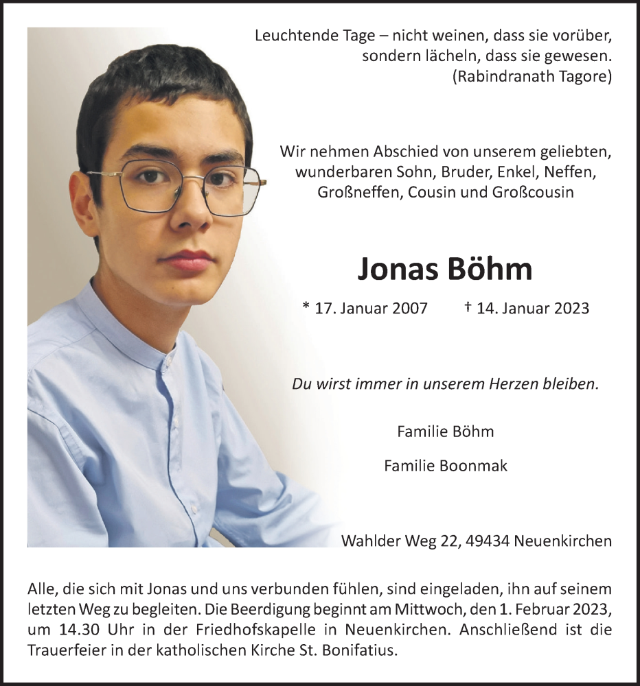  Traueranzeige für Jonas Böhm vom 28.01.2023 aus OM-Medien