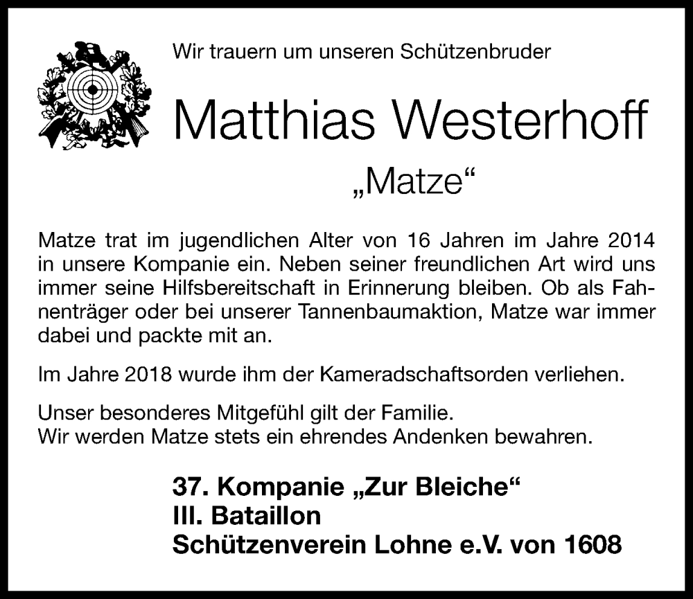  Traueranzeige für Matthias Westerhoff vom 13.01.2023 aus OM-Medien