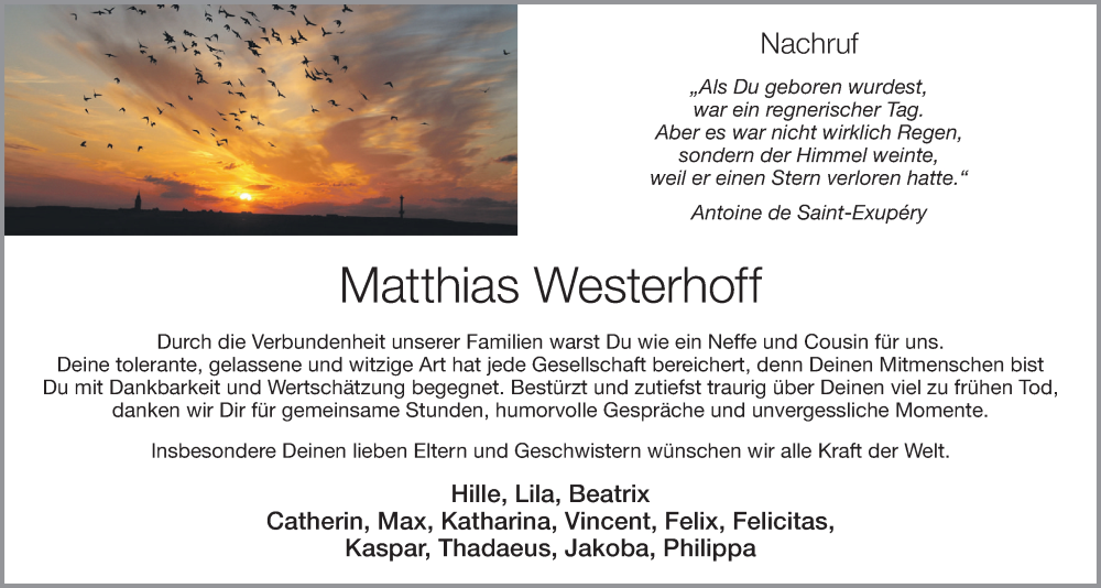  Traueranzeige für Matthias Westerhoff vom 13.01.2023 aus OM-Medien