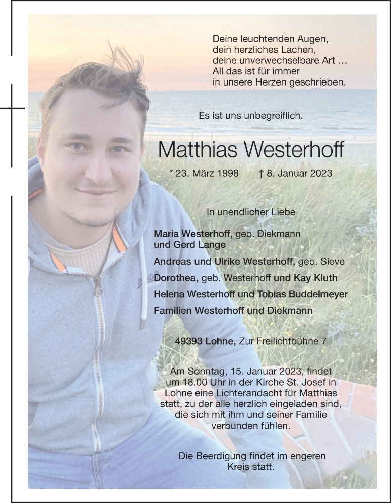  Traueranzeige für Matthias Westerhoff vom 12.01.2023 aus OM-Medien