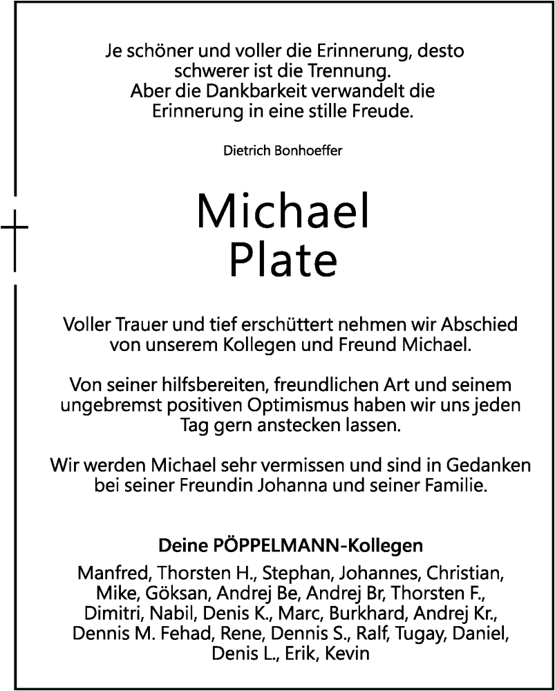  Traueranzeige für Michael Plate vom 14.01.2023 aus OM-Medien