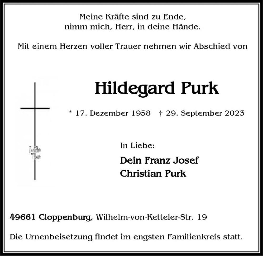  Traueranzeige für Hildegard Purk vom 05.10.2023 aus OM-Medien
