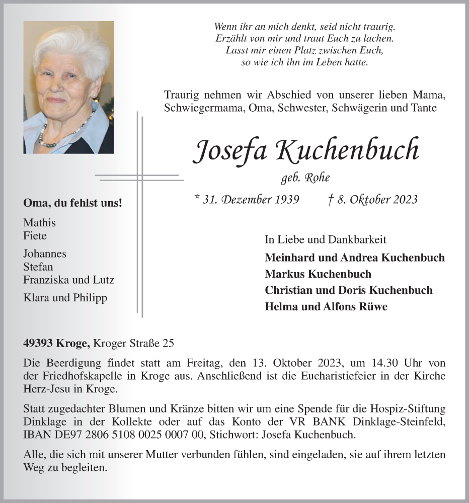  Traueranzeige für Josefa Kuchenbuch vom 11.10.2023 aus OM-Medien