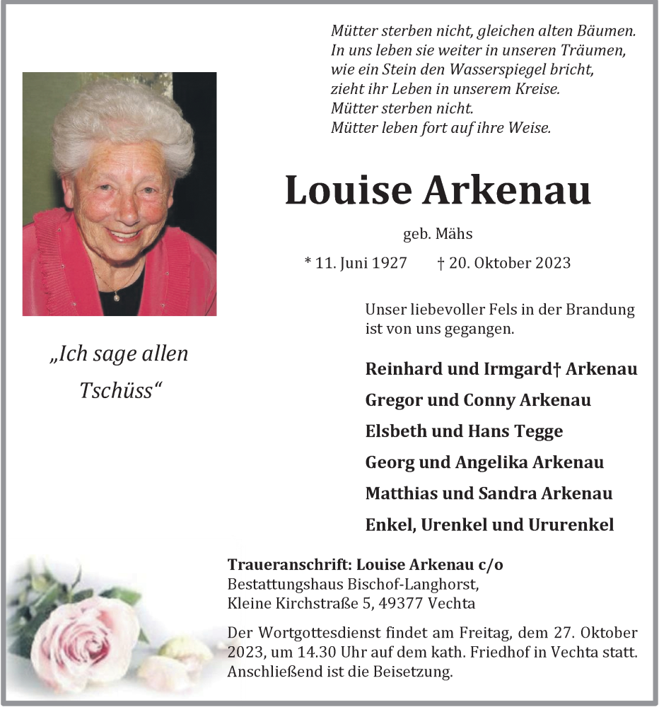  Traueranzeige für Louise Arkenau vom 23.10.2023 aus OM-Medien