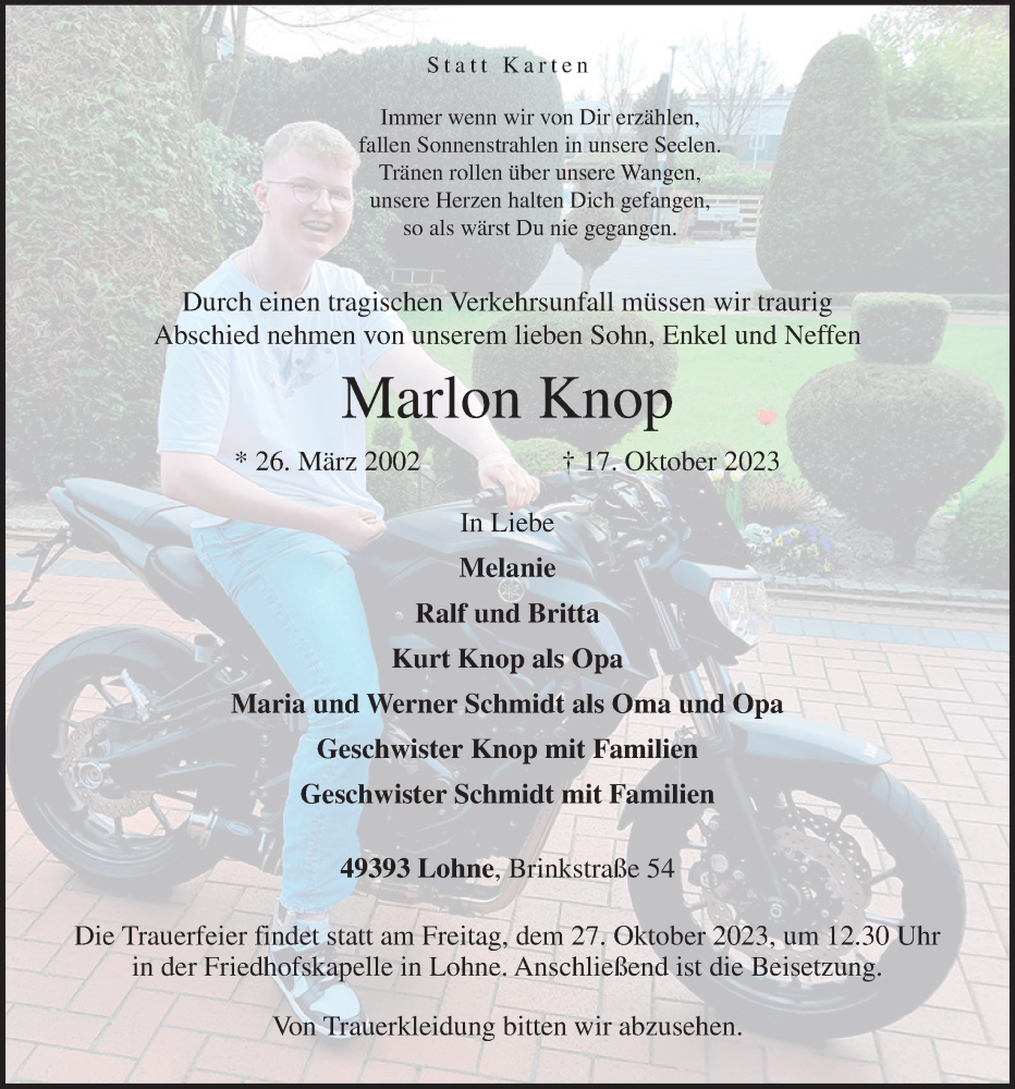  Traueranzeige für Marlon Knop vom 21.10.2023 aus OM-Medien