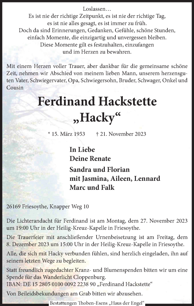  Traueranzeige für Ferdinand Hackstette vom 25.11.2023 aus OM-Medien