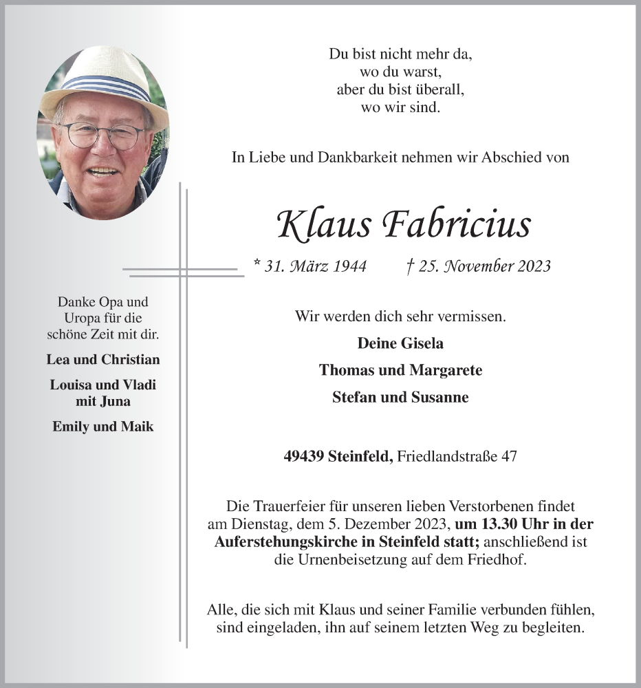  Traueranzeige für Klaus Fabricius vom 29.11.2023 aus OM-Medien
